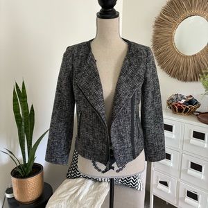 Banana Republic Factory Tweed Moto Jacket Piped Faux Leather Trim Black White 2